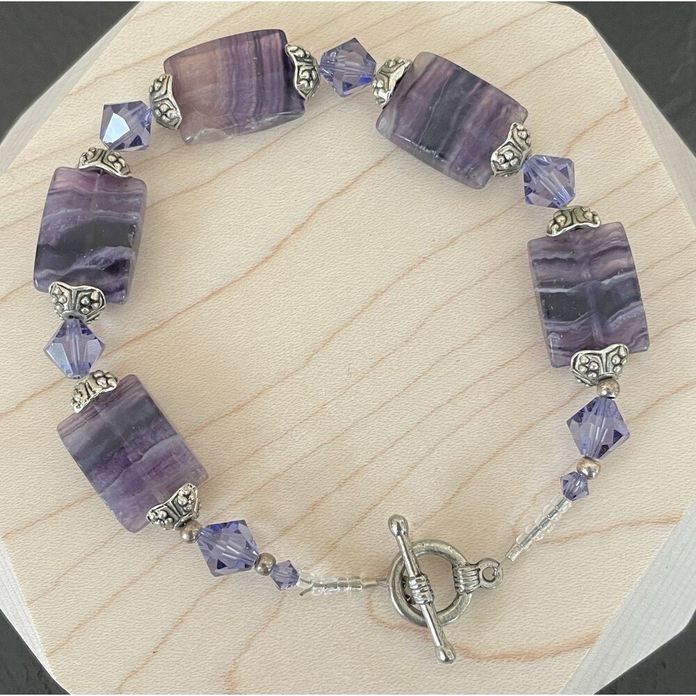 Purple Spinel Natural Stone Silvertone Beaded Bracelet For Women